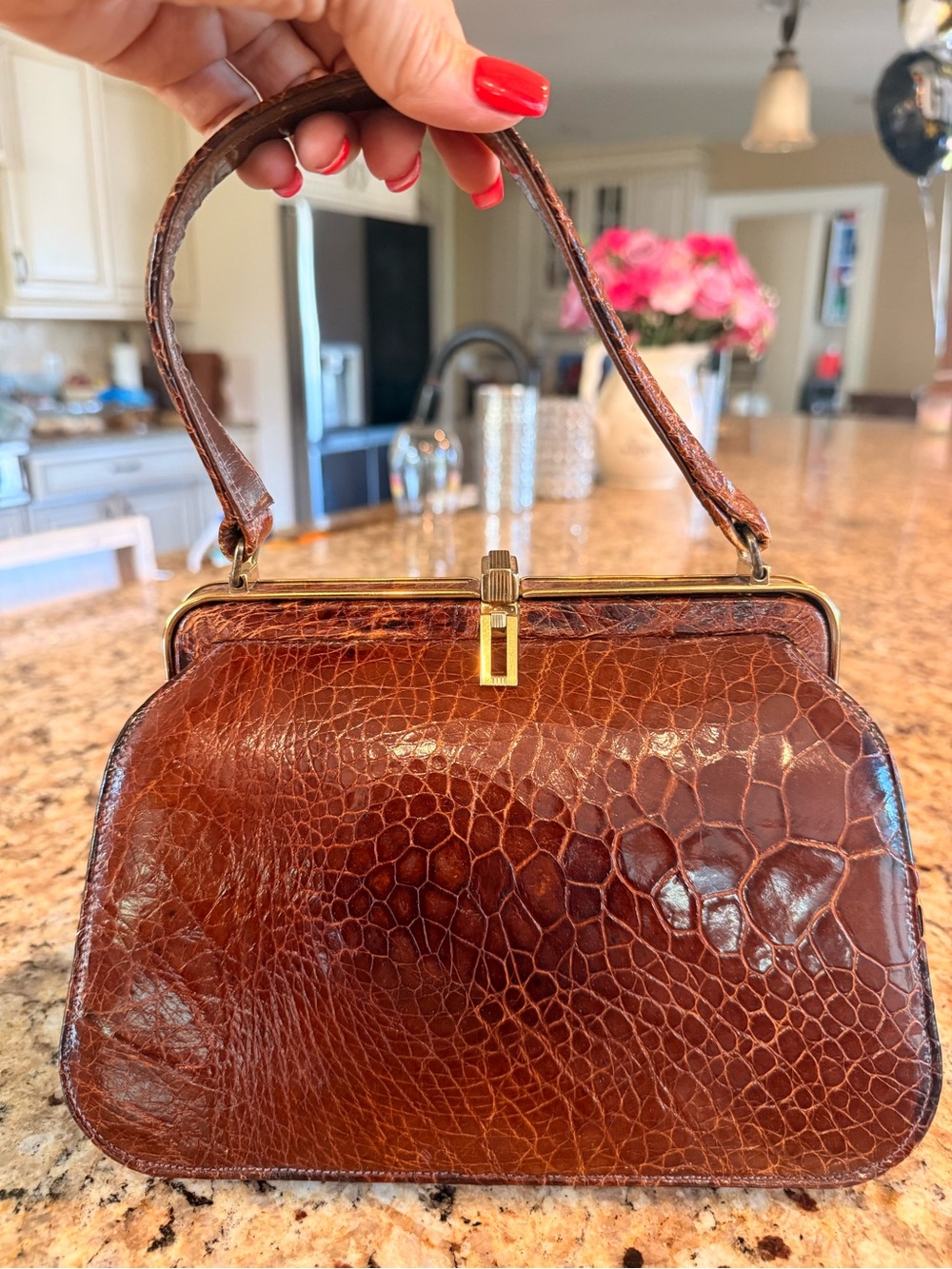 Classic Pre- Banned Brown Turtle Leather Mini Top-Handle Bag